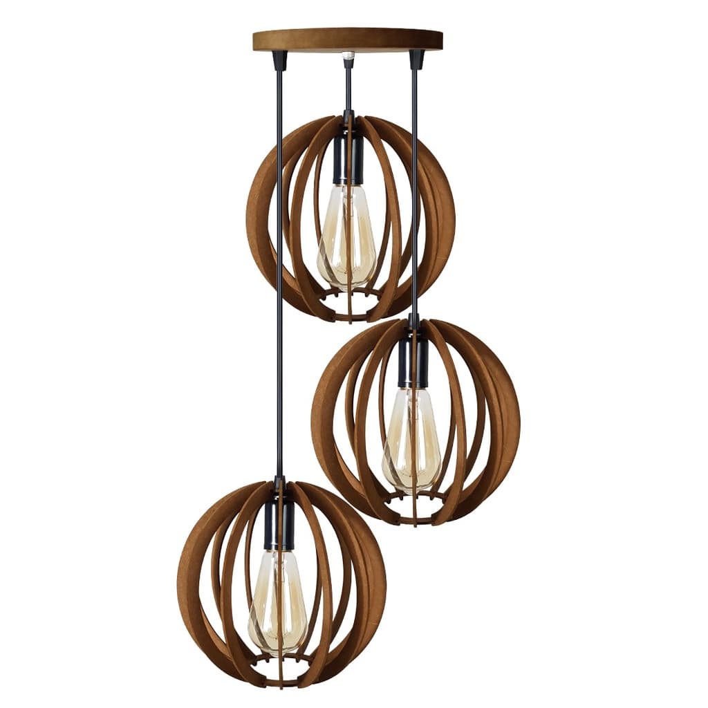 Luminária Lustre Pendente Trio De  Madeira Bola