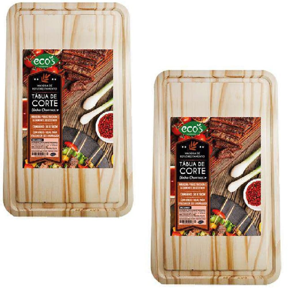 2 Tábua Corte Madeira Pinus Vinco p/ Carnes Churrasco 30cm