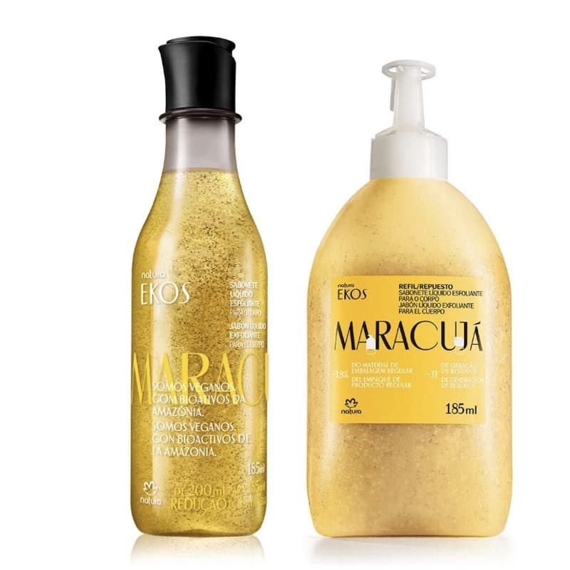 Sabonete Líquido Esfoliante Maracuja Ekos Natura e refil 185ml cada