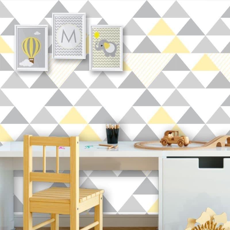 Papel de Parede Geométrico Triângulos Cinza e Amarelo Decoração de Quarto Sala Cozinha 1,0m x 50cm