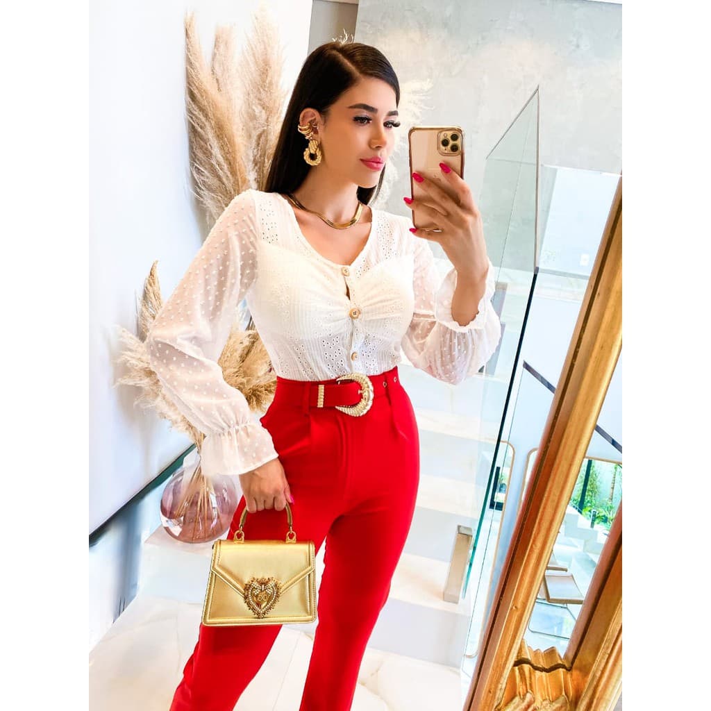 Blusa Moda feminina Laise manga longa flare com BOTãO COMO 0933