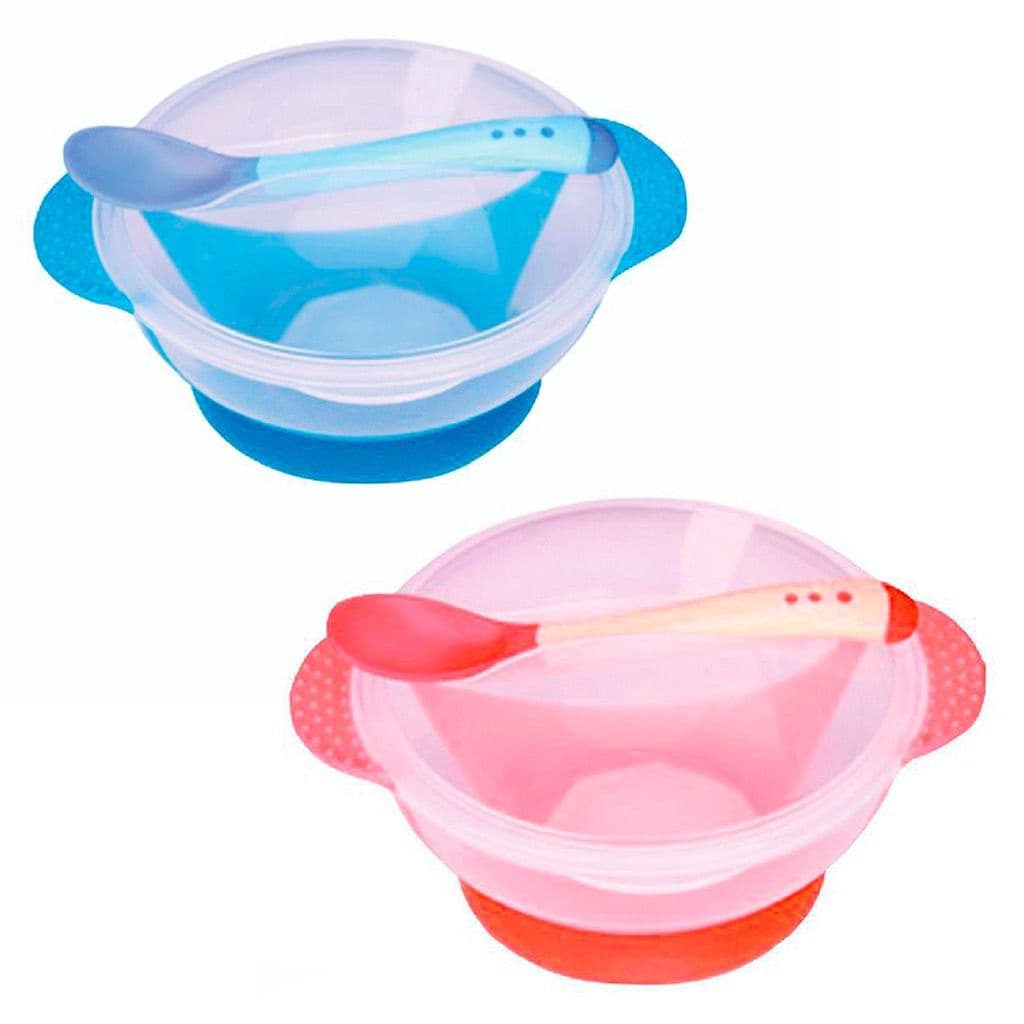 Porta Pratinho Papinha  pote bowl Infantil Com Tampa Ventosa na base E Colher sensivel ao calor Kit alimentação bebe
