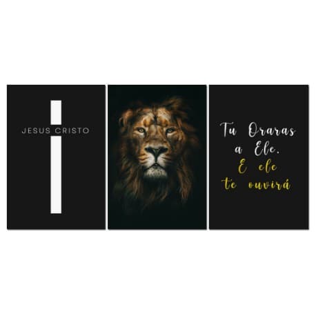 Quadro Decorativo 3 Peças Leão Cruz Cristo Versiculo Biblia Jó