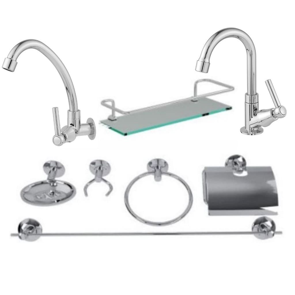 Kit acessórios para banheiro 6 peças aço inox com porta shampoo reto + 1 torneira para banheiro + 1 torneira de cozinha parede