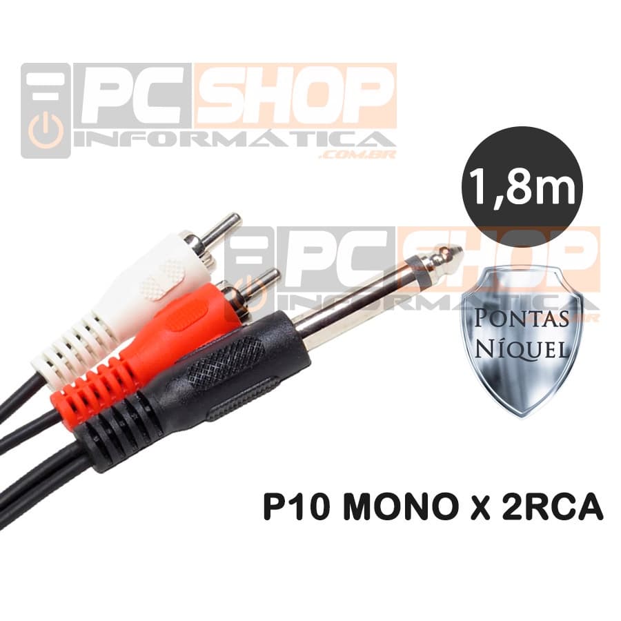 Cabo P10 Mono x 2RCA Macho de Áudio 1,80 Metros
