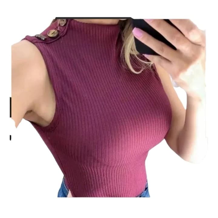 Blusa Regata Gola Alta Com Botão No Ombro Roupa Feminina Super Top