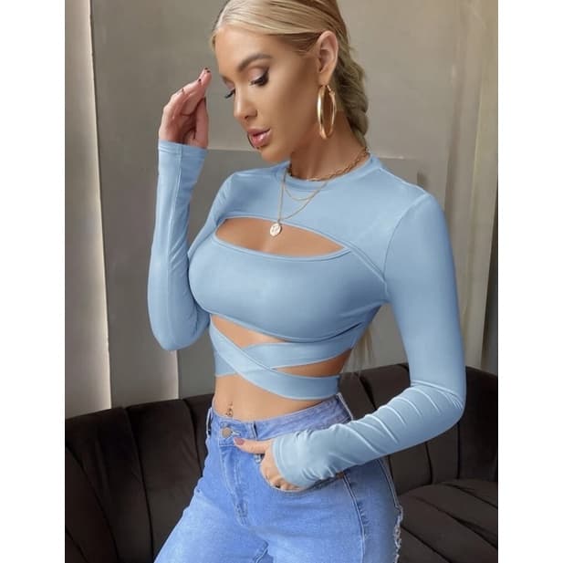 Cropped Manga Longa Blogueiras Balada Blusa Feminina