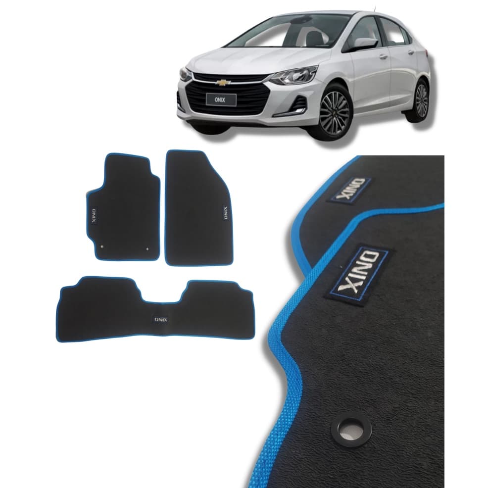 jogo de Tapete Automotivo Pvc Esportivo Borda Azul Para Carro Onix Personalizado