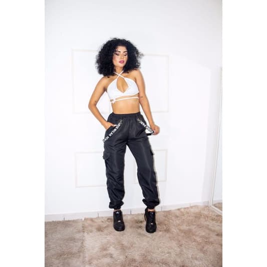 calça feminina tactel  de  suspensório moda  gringa