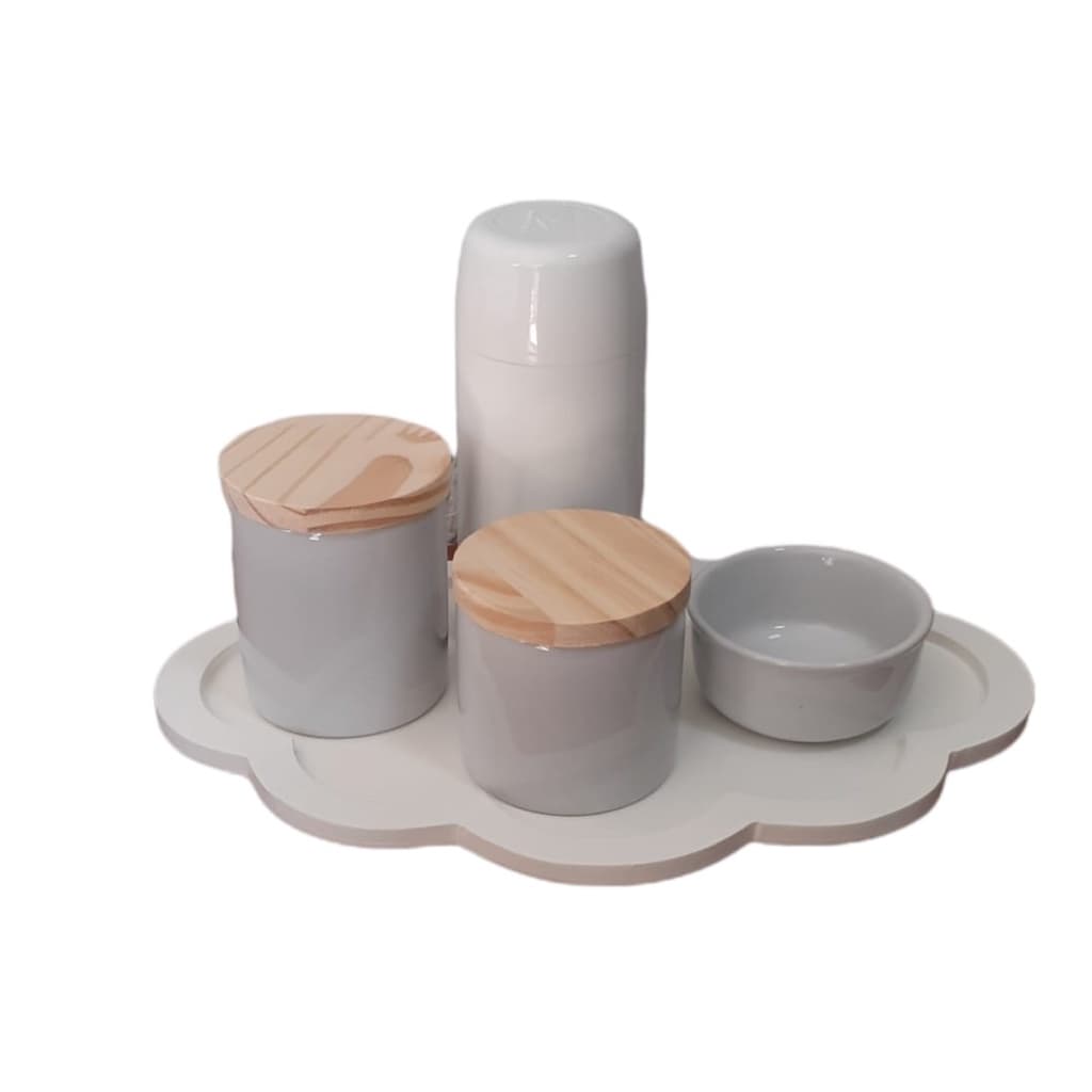 Kit Higiene Bebê Porcelana Clean Bandeja Nuvem Garrafinha maternidade menino menina algodão cotonete