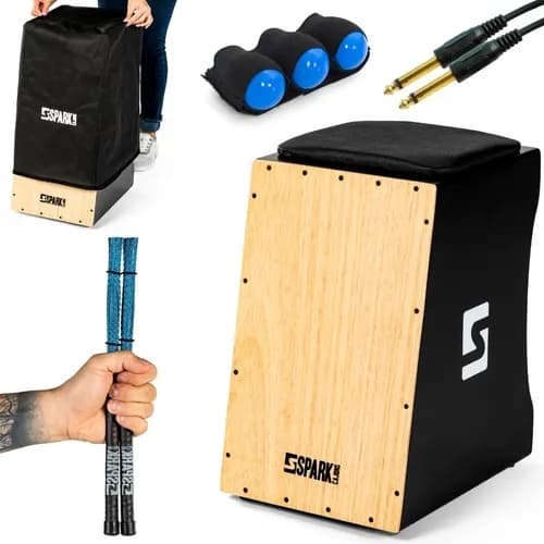 Cajon elétrico e acústico + Capa Cajon + Vassourinha + Canela Shaker 3em1 + Cabo P10 Percussão