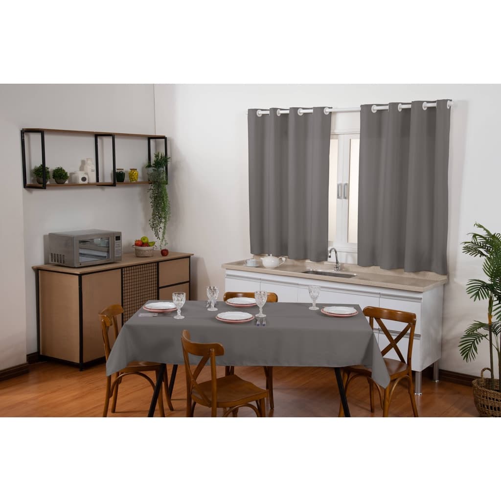 Jogo Toalha De Mesa 6 Cadeiras E Cortina Cozinha 2,00x1,40 Cinza