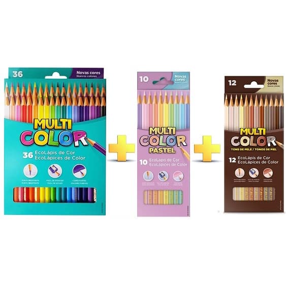 Kit 58 Lápis de Cor 36 Cores Multicolor + Tons de Pele 12 Cores + Pastel 10 Cores