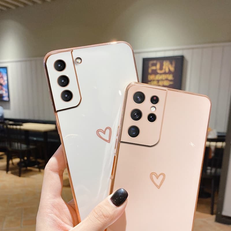 Elegante À Prova De Choque Quadrado Chapeamento Amor Coração Caixa Do Telefone Para Samsung Galaxy S21 S22 S20 Fe Plus Ultra A53 Capa