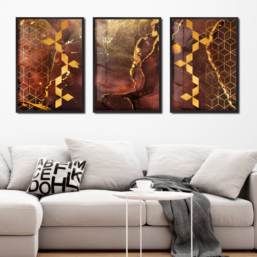 Quadros decorativos geométrico bordo e dourado