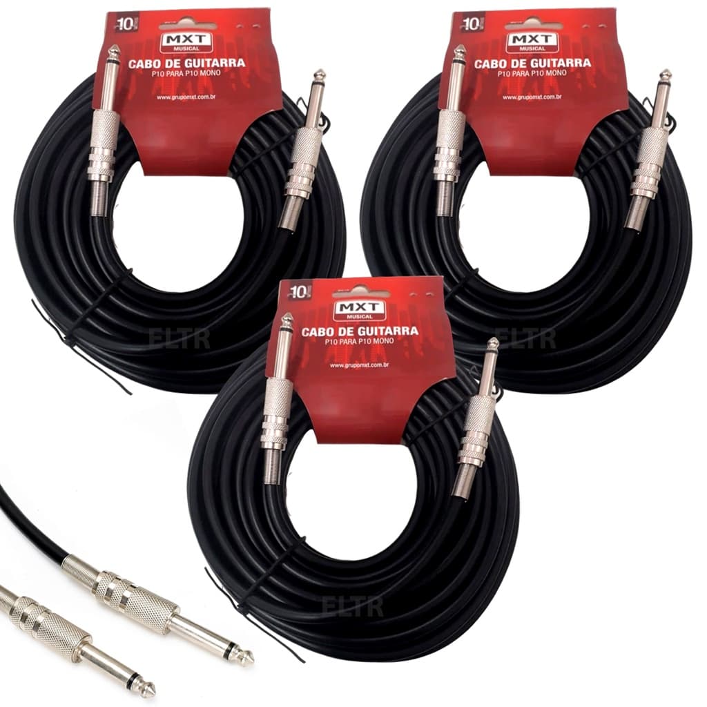 Kit 3 Cabo P10 P10 Mono Guitarra Violão Baixo Cavaquinho Caixa Som Amplificador 10m Metros