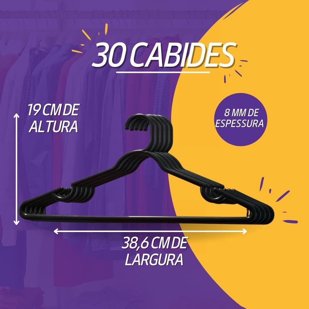 Cabide resistente adulto preto kit com 30 unidades