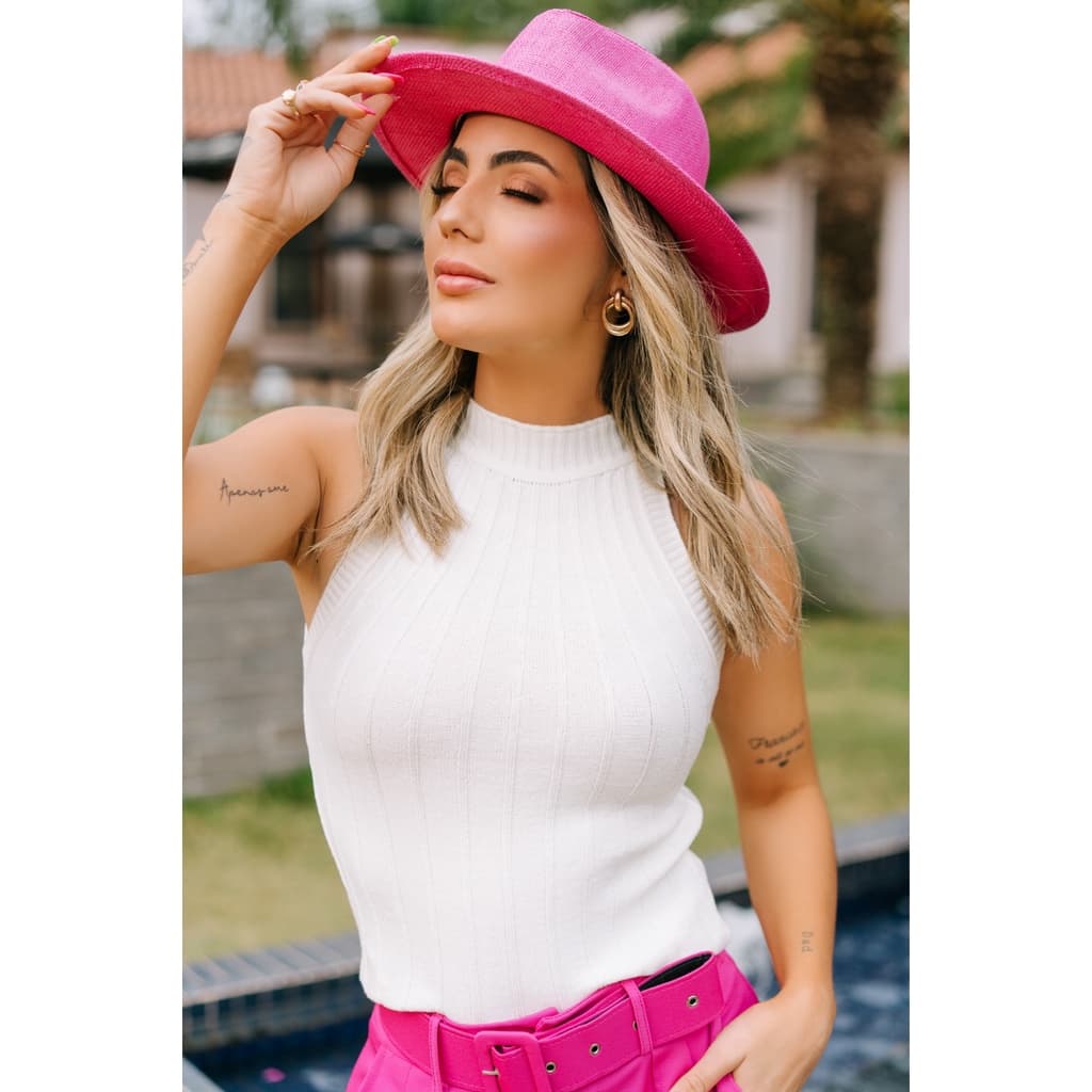 Blusa Tricot Gola Alta Blogueira Modal Verão 2022