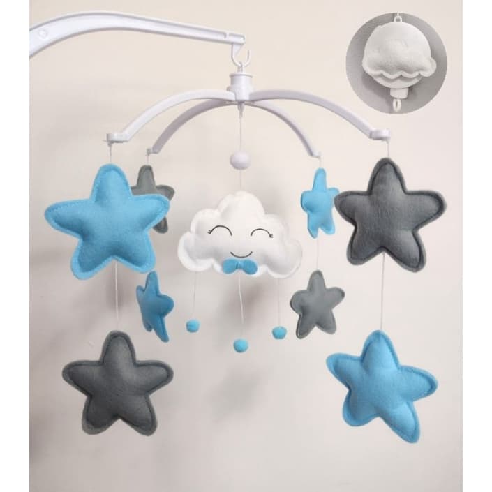 Móbile Músical e Giratório Nuvem Chuva de Amor Azul e Cinza