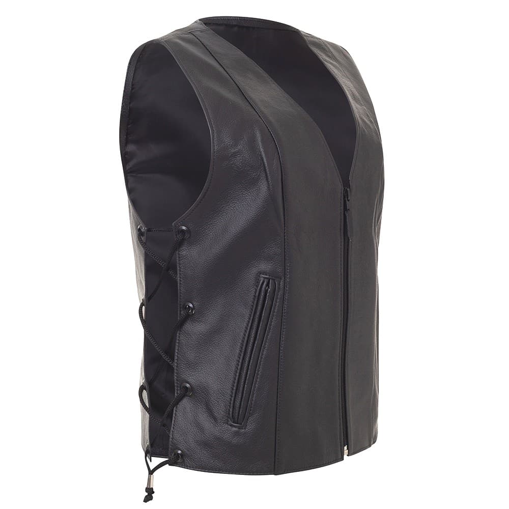 Colete em Couro Legitimo Liso Feminino Com Regulagem Lateral e Fechamento em Zíper Preto