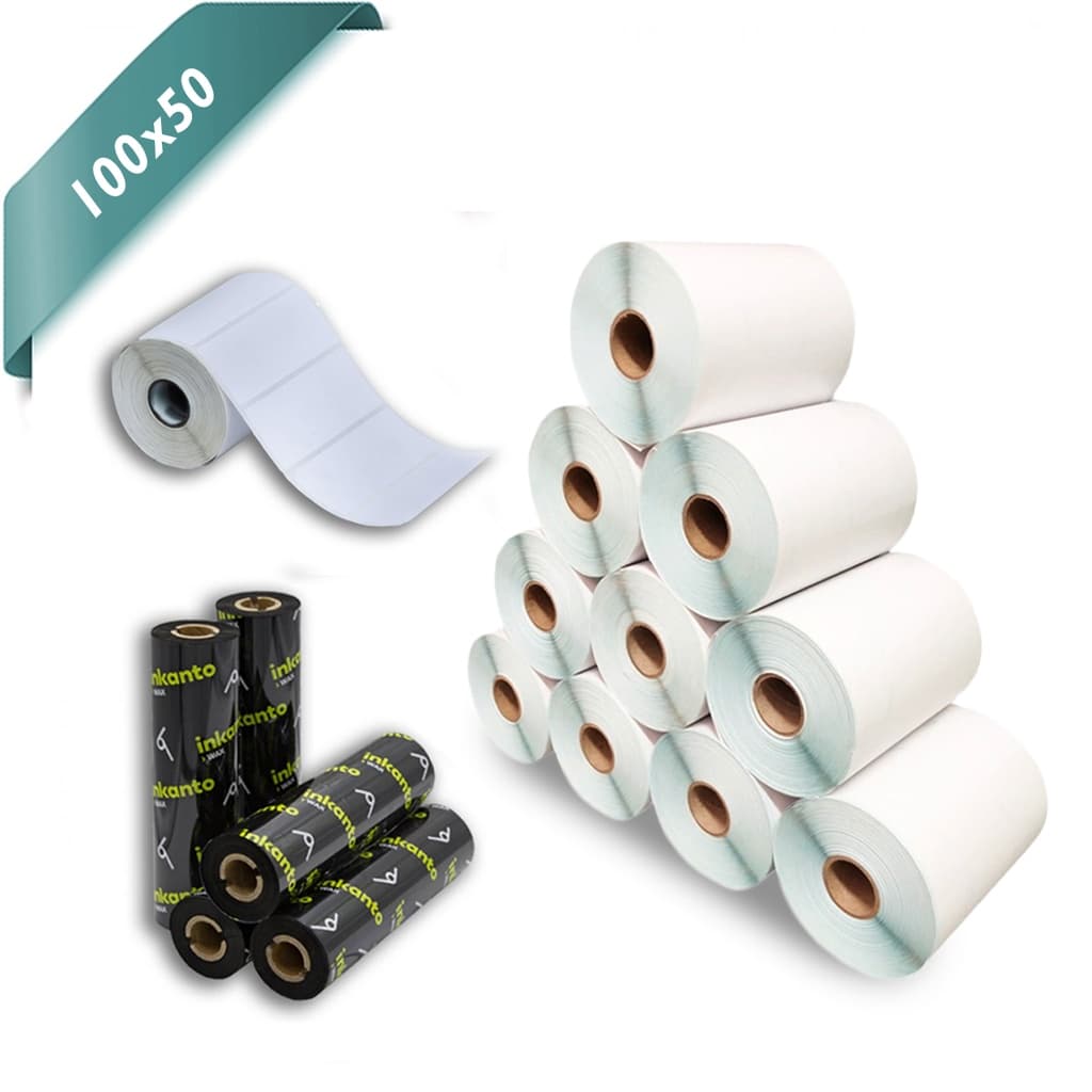Kit 10 Rolos Etiqueta Couche 100x50 1 Coluna (600 etq/rolo) + 5 Ribbons Cera 110x74