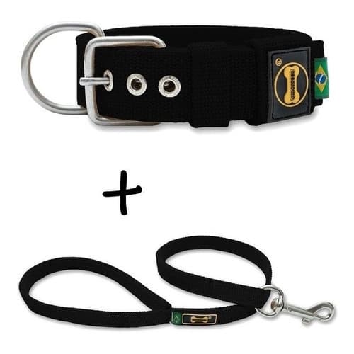 Coleira Cachorro Grande Pit Bull + Guia 80cm (preto) Fit
