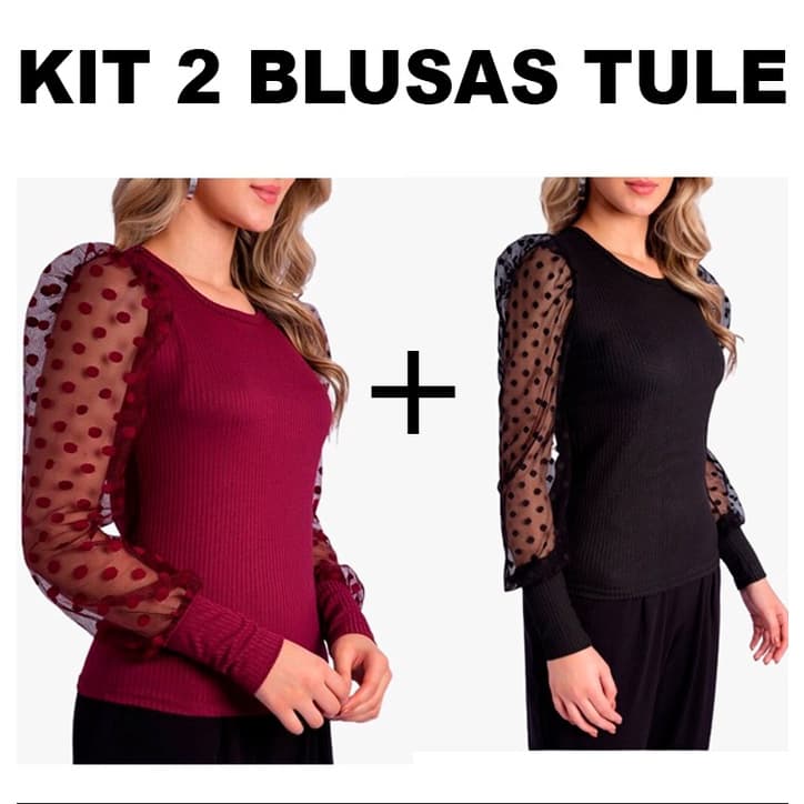 Kits 2 Blusas Manga Longa Canelado de Tule Roupas Femininas da Moda Inverno Elegante (inova Stilo)