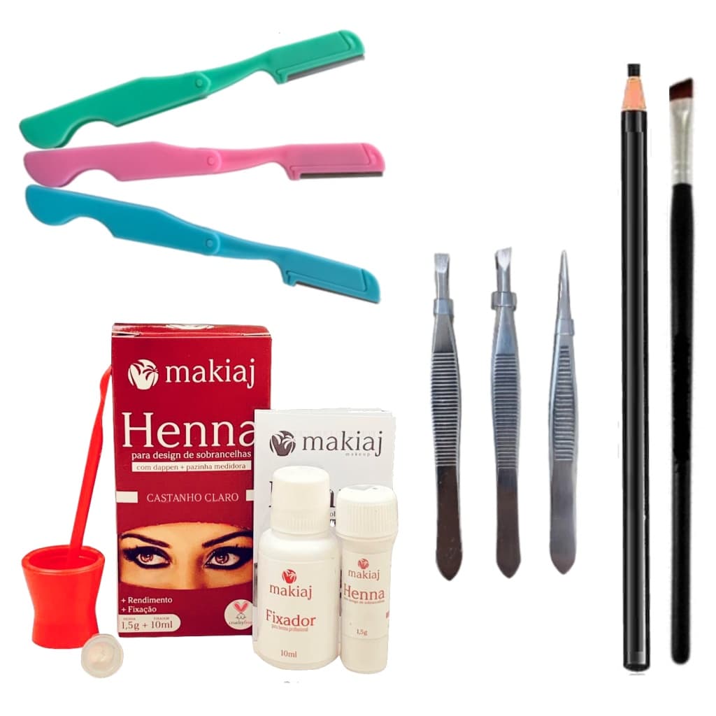 Kit Henna Makiaj Sobrancelha 3 Pinca 3 Navalha Pincel Lapis Dermatografico Profissional