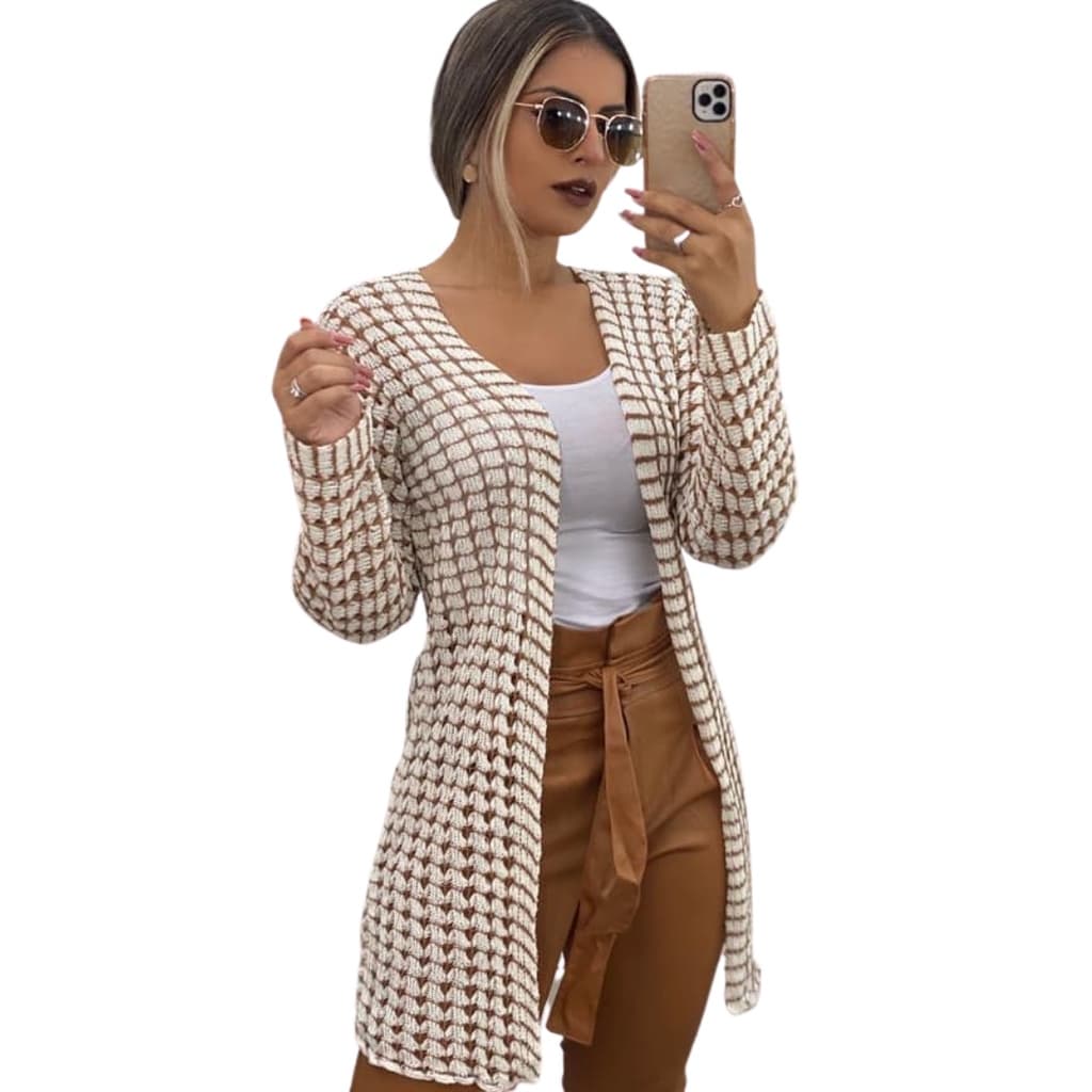 Cardigan Kimono Trico leve e fresco vazadinho para meia estação Feminino Casaco cardigã Manga Longa Alongado