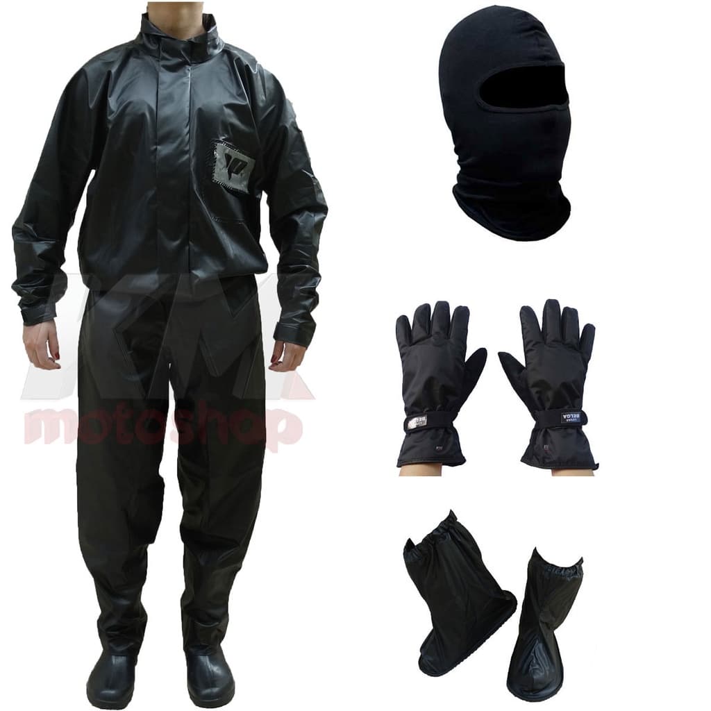 Capa de Chuva PVC Motoqueiro Impermeavel Pantaneiro Unissex + Touca Balaclava Moto Proteção chuva + Luva Nylon Impermeável + Polaina Solado inteiro PVC +