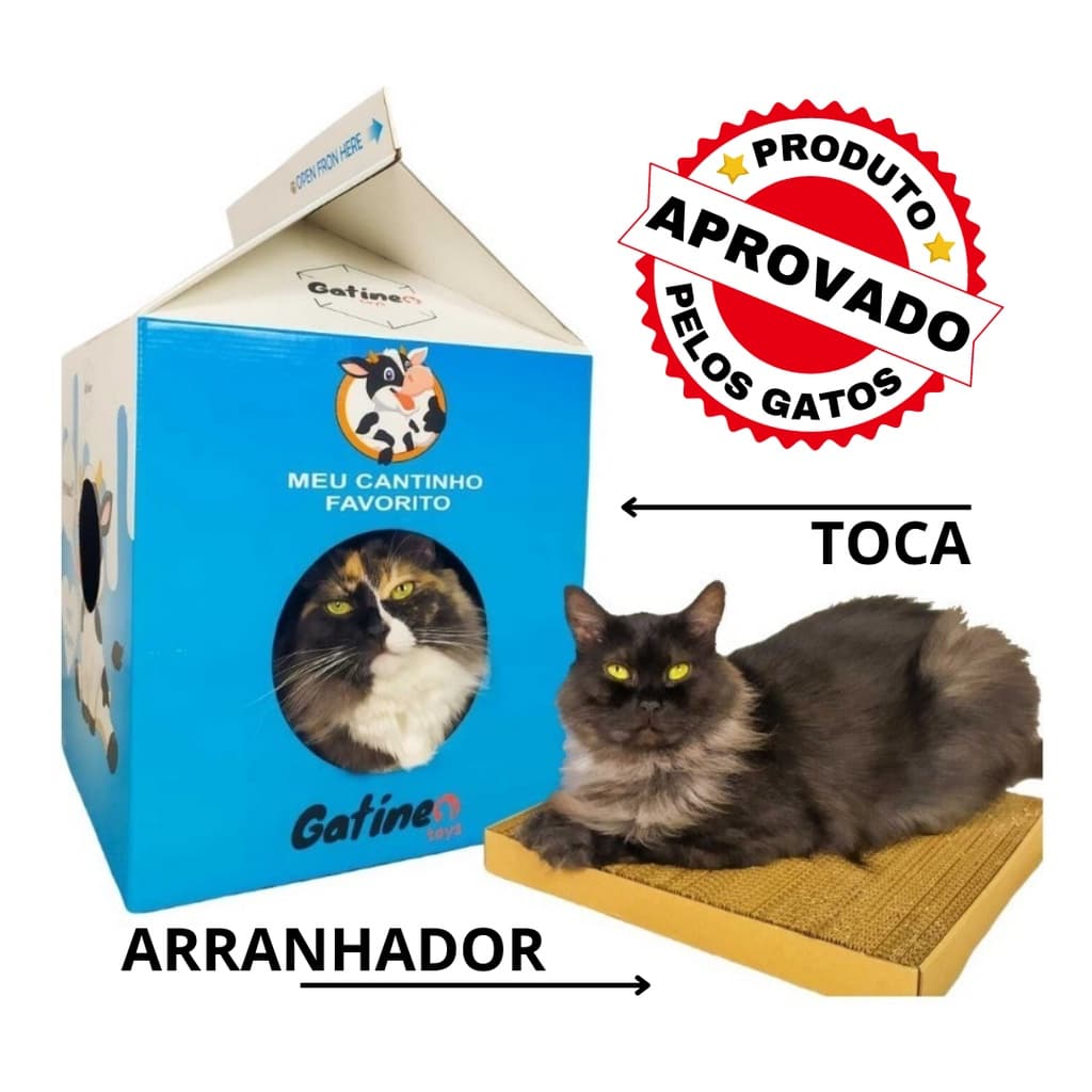 Arranhador para Gato Papelão Kraft com Toca Cat Milk Box 2in1 Cama Brinquedo Catnip Churu Truly