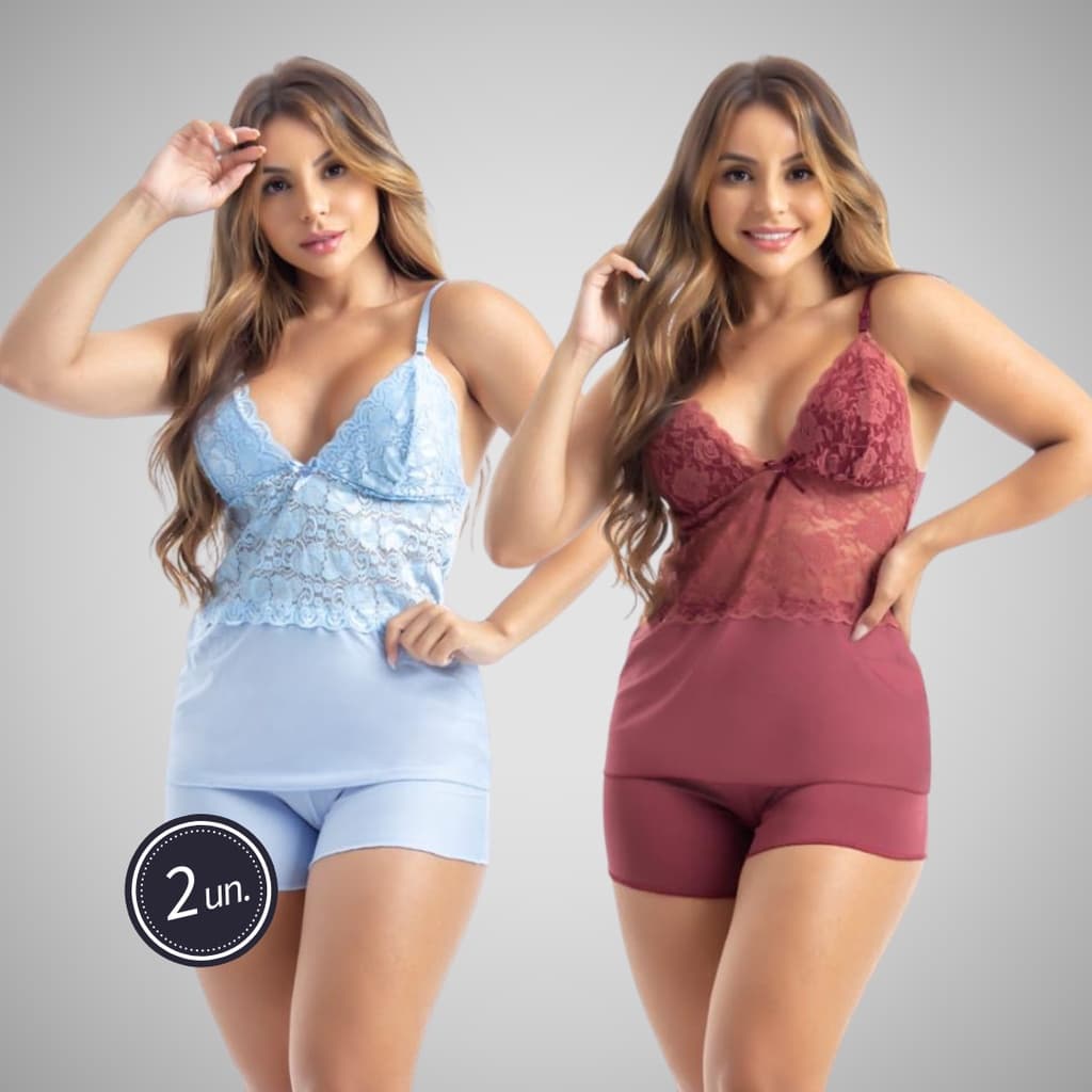 Kit 2 Conjunto Pijama Short Doll Renda Microfibra Regata Alcinha Confortável Linha Noite Pijama 302