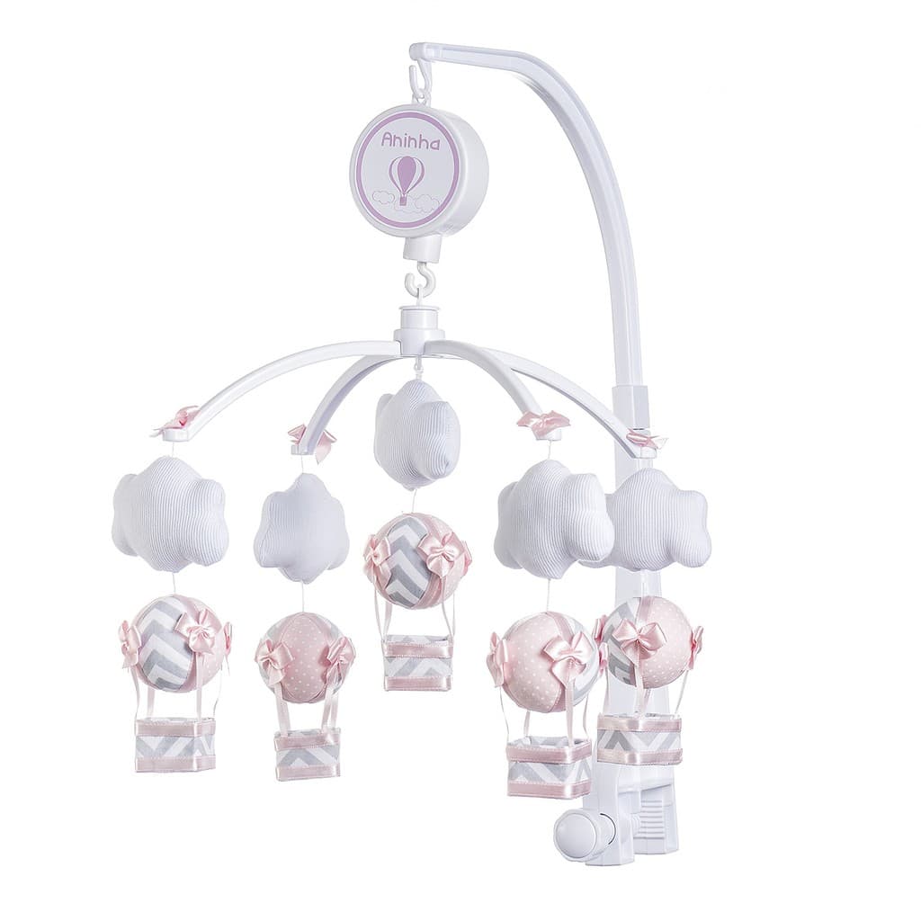 Móbile Berço Bebê Musical Giratório Balões Rosa Envio Imediato