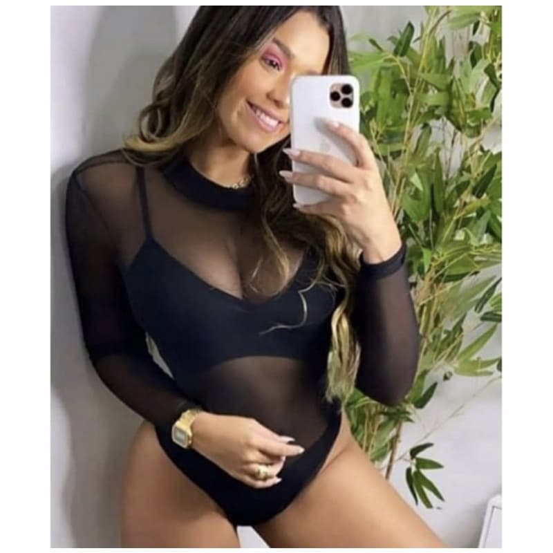 Body Tule Transparência preto Transparente Manga longa preto