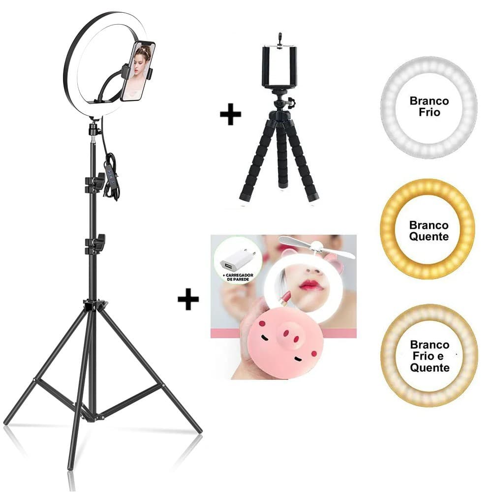Iluminador Ring Light 26cm Tripé 210cm + Tripé Flexivel + Espelho Iluminado CBRN14316