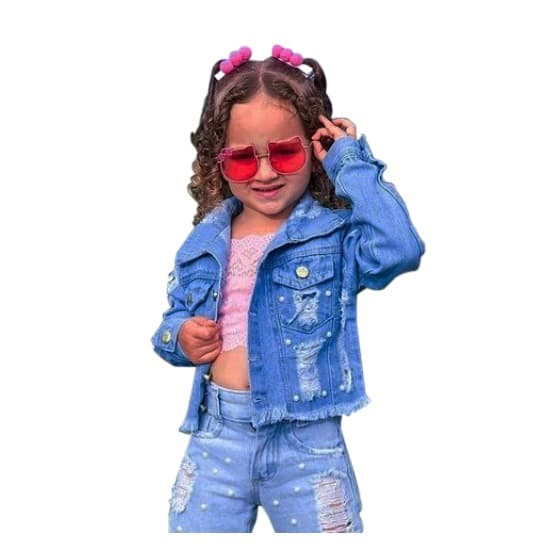 Jaqueta Casaco Jeans Blusa Infantil Feminina com destroyed