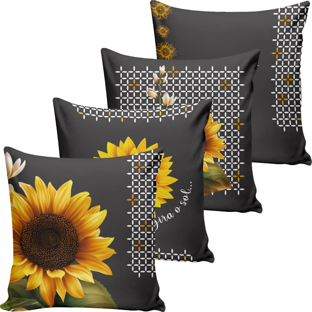 Kit com 04 Capas Para Almofada Girassol Estampada com zíper - 40cm x 40cm - Decoração Sofá ou Cama