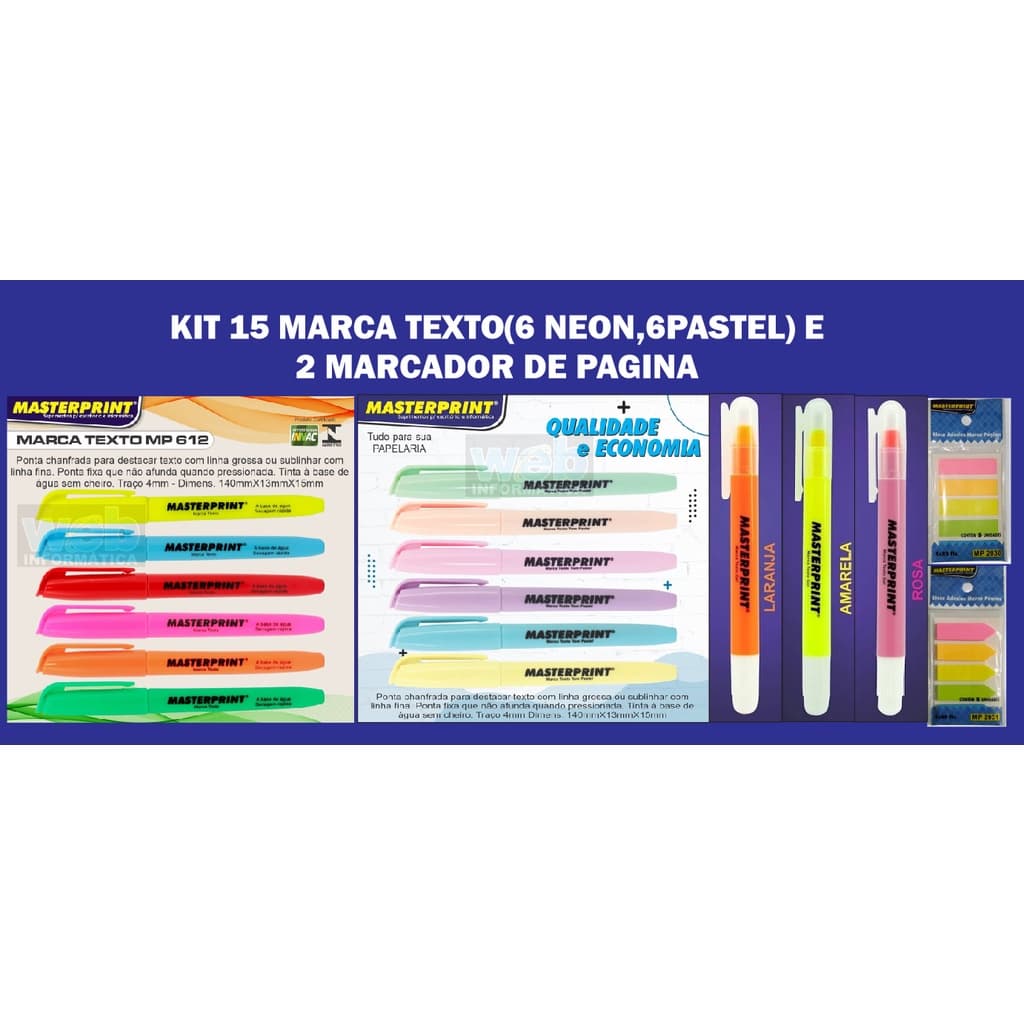 KIT 15 MARCA TEXTO(6 NEON, 6 PASTEL, 3 GEL) + 2 MARCADOR DE PAGINA
