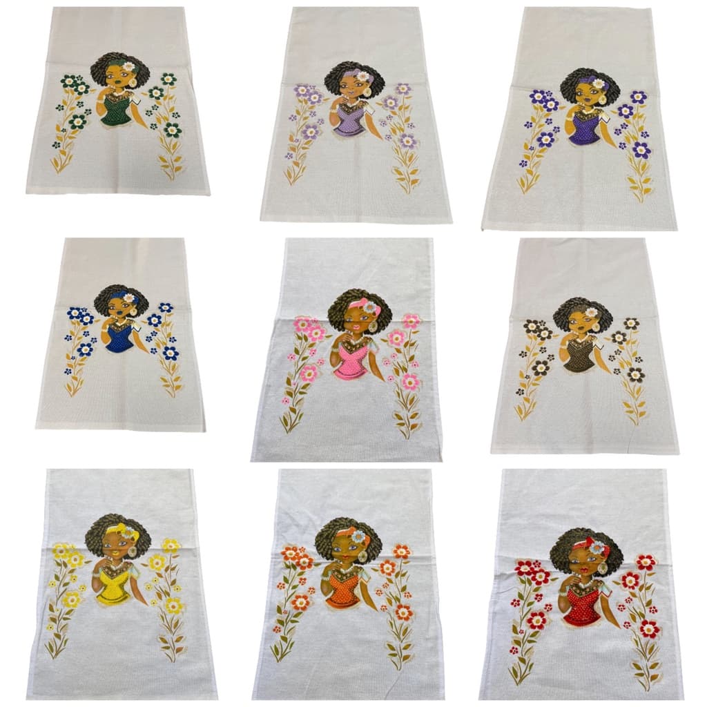 Pano de prato boneca Ester/Mulata com glitter para fazer a saia de crochê ou tecido – 5 unid. ou  10 unid. Engomatextil
