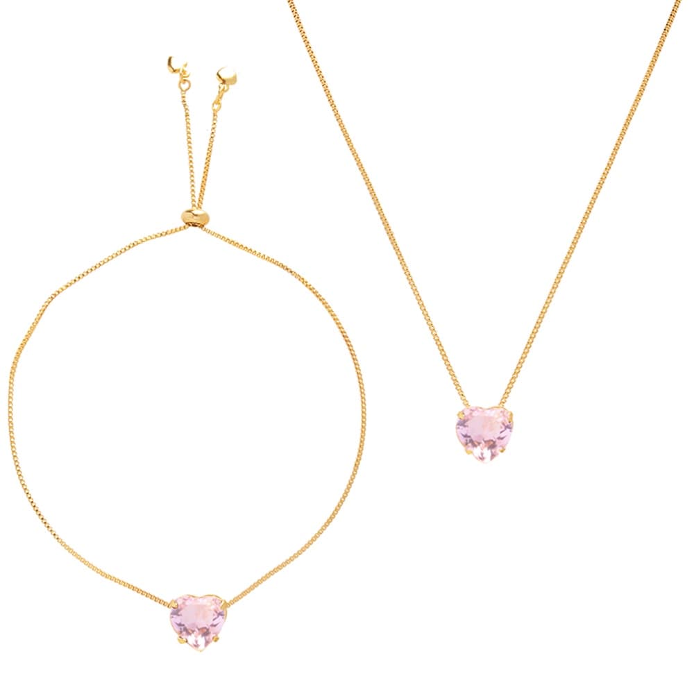 Conjunto Colar E Pulseira Pedra Rosa Claro Folheado A Ouro