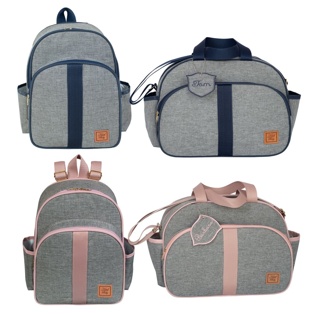 Bolsa e Mochila De Maternidade Linho Cinza com Chaveiro Personalizado