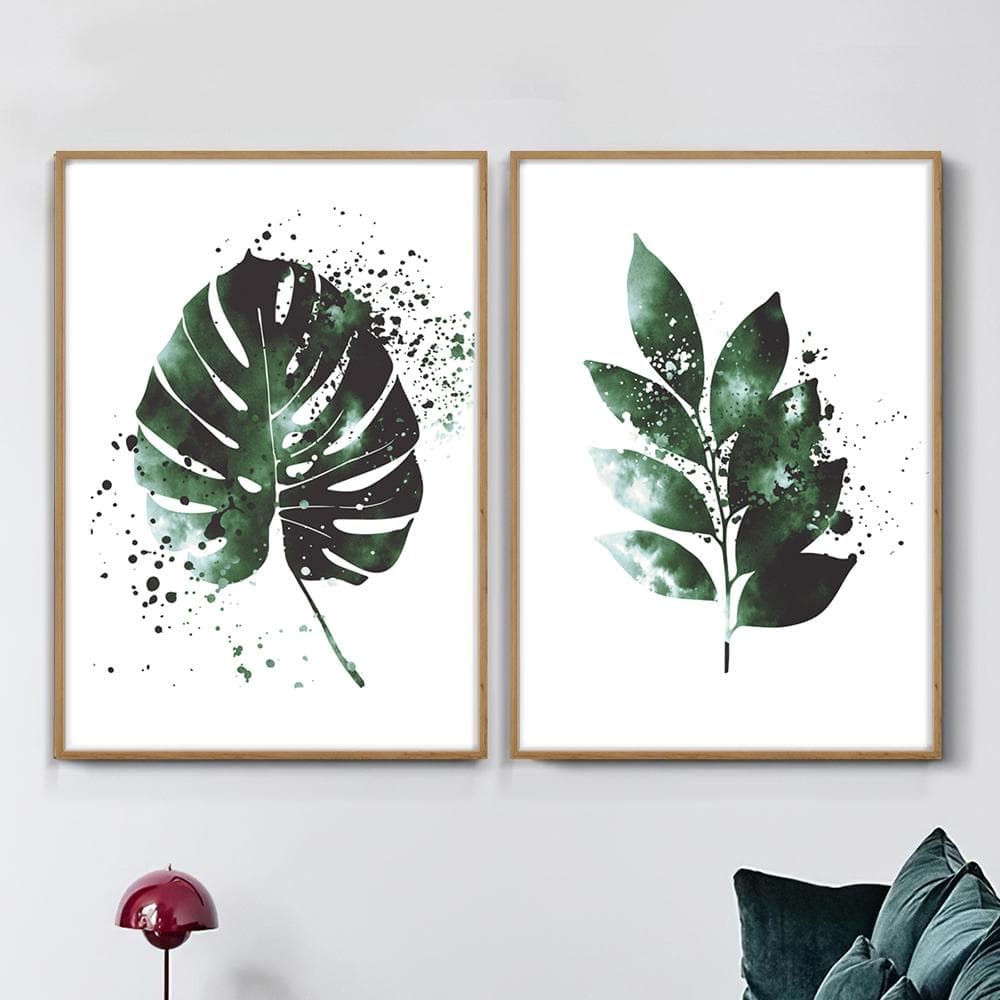 Kit 2 Quadro Decorativo com Moldura e Vidro Tamanho A3 Folhas Costela de Adão Verde Para Sala Quarto