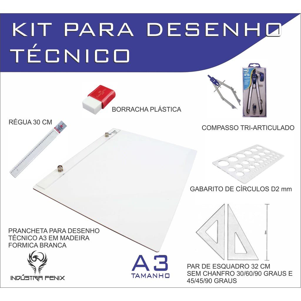 Kit Desenho Técnico Prancheta Engenharia ARQUITETURA A3 FORMICA Esquadro 32 Compasso 303 GABARITO BORRACHA Regua 30 CM