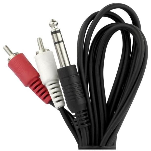 CABO P10 STÉREO X 2 RCA ÁUDIO STÉREO PLUG BANANA P10 X RCA LIGAR NA MESA DE SOM
