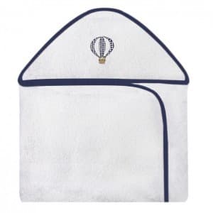 Toalha Com Capuz Infantil Bordada Balão Azul Marinho Forrada Com Tecido Toalha Fralda 100% Algodão