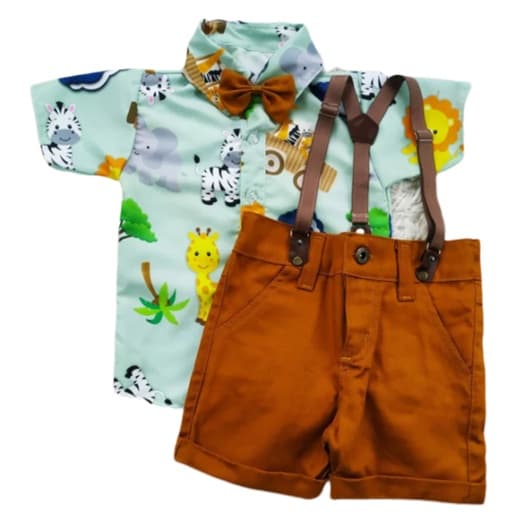 Kit 4 Peças Safari Baby Conjunto Roupa Infantil, Conjunto Temático Camisa Bermuda, Suspensório E Gravata