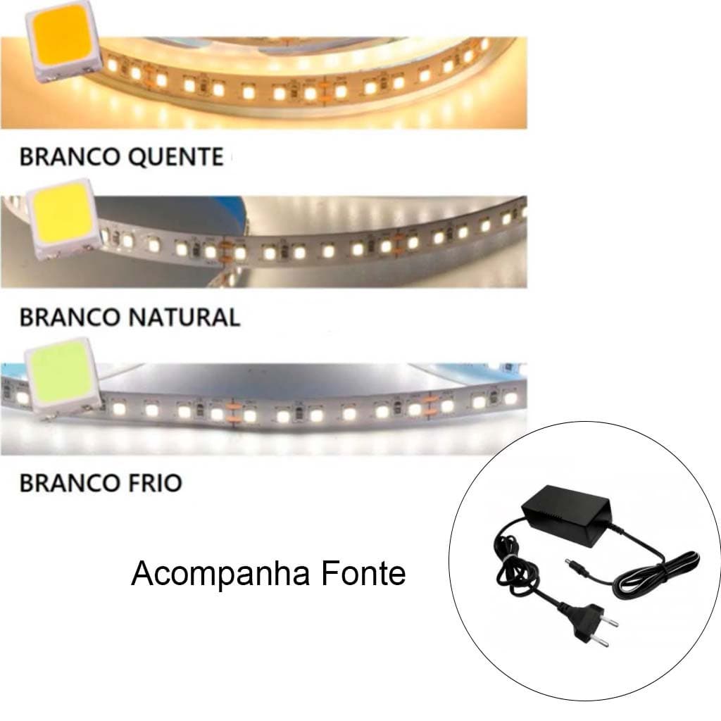 Fita 2835 branco neutro / quente ou frio 5m 120 led's IP20 acompanha fonte