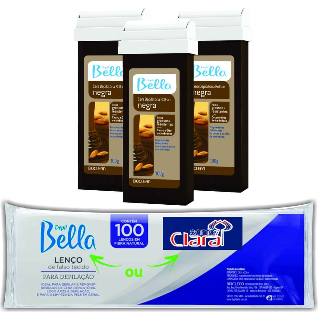 Kit Depilação Econômico 3 Refil Cera Rollon Negra e 1 Papel Cortado com 100 folhas Depil Bella