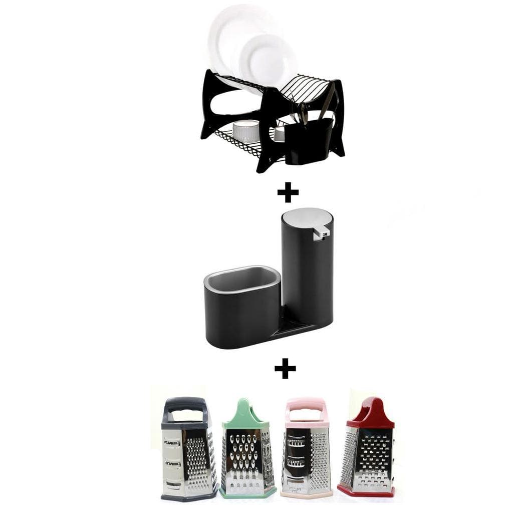 Escorredor De Louça Cozinha Prato Duplo Porta Talheres + Ralador inox 6 faces/ Ralador Ferro 7',8' Polegadas + Dispenser Porta Detergente e Bucha
