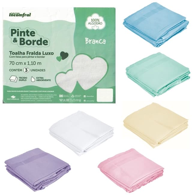 Toalha Fralda Luxo Incomfral Lisa 70cm x110cm Pinte e Borde Pacote Com 03 Unidades